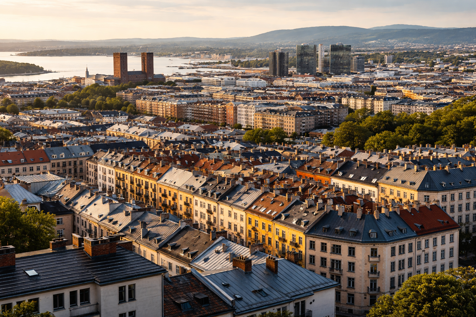 Oslo tak og skorsteiner med fjorden i bakgrunnen